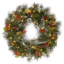 Christmas Central Pre-Lit Wintry Pine Artificial Christmas Wreath, 24-Inch, Clear Lights