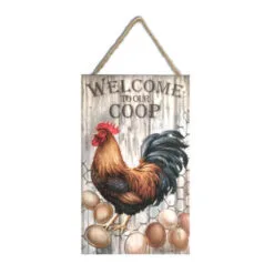 Christmas Central Brown And Gray Rooster Rectangular Wall Sign With Rope Hanger 10" X 6"