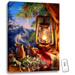 Christmas Central 24" X 18" Blue And Green Morning Coffee Backlit LED Wall Art With Remote Control