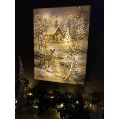 Christmas Central 24" X 18" Blue And White Chapel In The Snow Back-lit Wall Art With Remote Control 2 Christmas Central 24" X 18" Blue And White Chapel In The Snow Back-lit Wall Art With Remote Control - Image 2