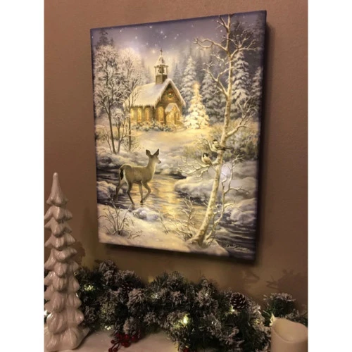 Christmas Central 24" X 18" Blue And White Chapel In The Snow Back-lit Wall Art With Remote Control 3 Christmas Central 24" X 18" Blue And White Chapel In The Snow Back-lit Wall Art With Remote Control - Image 3