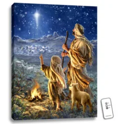 Christmas Central 24" X 18" Blue And Beige Shepherds Keeping Watch Backlit Wall Art With Remote Control