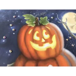 Christmas Central Navy Blue And Orange Pumpkin With Swarovski Crystals Square Halloween Pizazz Wall Art Decor 10" X 10"