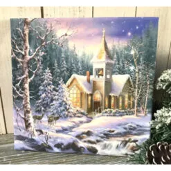 Christmas Central White And Brown Christmas Chapel Pizazz Print Framed Wall Decor 10" X 10"