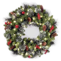 Christmas Central 24" Pre-lit Silver Bristle, Pine Cones And Red Berries Battery Operated Artificial Christmas Wreath - LED Lights