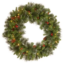 Christmas Central 30" Pre-Lit Red Berries Traditional Battery Operated LED Lights Wreath