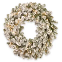 Christmas Central Pre-Lit Snowy Sheffield Spruce Artificial Christmas Wreath, 24-Inch, White LED Lights