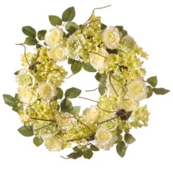 Christmas Central Green And Cream Rose Wreath - 24-Inch, Unlit