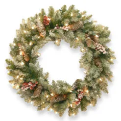 Christmas Central Pre-Lit Dunhill Fir Artificial Christmas Wreath With Red Berries – 30-Inch, Clear Lights