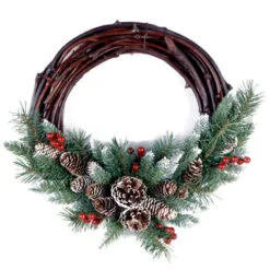 Christmas Central Frosted Pinecones With Grapevine Artificial Christmas Wreath, 16-Inch, Unlit