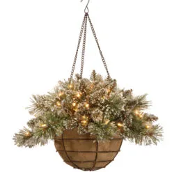 Christmas Central 20" Glittery Bristle Pine Hanging Basket With White Tipped Cones