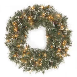 Christmas Central Pre-Lit Glittery Bristle Pine Artificial Christmas Wreath, 24-Inch, Clear Lights