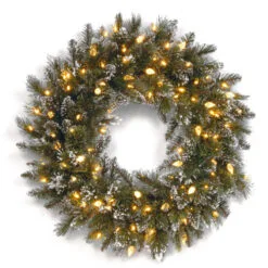 Christmas Central Pre-Lit Frosted Bristle Artificial Pine Christmas Wreath, 24-Inch, White LED Lights