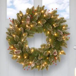 Christmas Central Pre-Lit Frosted Mountain Spruce Artificial Christmas Wreath, 24-Inch, White Lights -Christmas Central Sales Store dnat glm1 300 24w b1 3 38444.1664293520