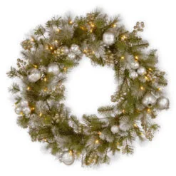 Christmas Central Pre-Lit Pomegranate Pine Artificial Christmas Wreath - 24-Inch, Warm White LED Lights