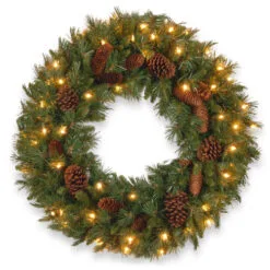 Christmas Central Pre-Lit Pine Cone Artificial Christmas Wreath, 24-Inch, Clear Lights