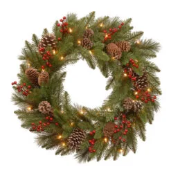 Christmas Central Pre-Lit Bristle Berry Artificial Christmas Wreath, 30-Inch, Warm White LED Lights