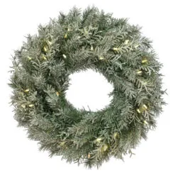 Christmas Central Pre-Lit Snowy Stonington Fir Artificial Christmas Wreath, 24-Inch, Warm White Lights
