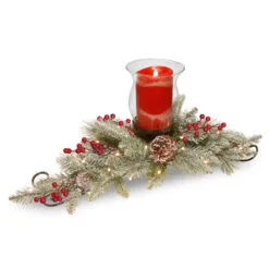 Christmas Central 30" Snowy Bristle Artificial Christmas Centerpiece And Candle Holder