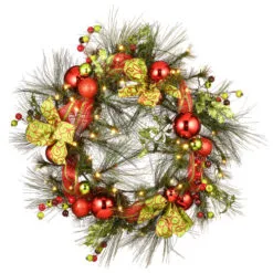 Christmas Central Pre-Lit Bristle Berry And Ball Ornament Artificial Christmas Wreath, 30-Inch, White Lights