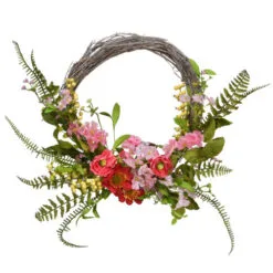 Christmas Central Pink And Green Spring Flower Artificial Wreath - 20-Inch, Unlit