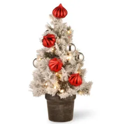Christmas Central 2' Pre-Lit Potted Snowy Bristle Pine Medium Artificial Tabletop Christmas Tree, White LED Lights