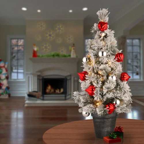 Christmas Central 3' Pre-Lit Potted Snowy Bristle Pine Medium Artificial Tabletop Christmas Tree - Warm White LED Lights 2 Christmas Central 3' Pre-Lit Potted Snowy Bristle Pine Medium Artificial Tabletop Christmas Tree - Warm White LED Lights - Image 2