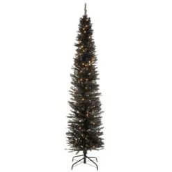 Christmas Central 6’ Pre-Lit Pencil Black Tinsel Artificial Christmas Tree, White Lights