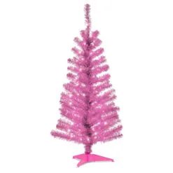 Christmas Central 4' Pre-Lit Medium Pink Tinsel Artificial Christmas Tree, Clear Lights