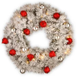 Christmas Central Pre-Lit Snowy Bristle Pine Wreath, 30-Inch, Warm White LED Lights